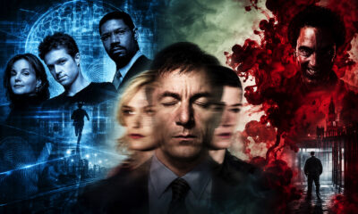 Collage of characters in blue and red tones surrounding a central man with eyes closed, hinting at parallel worlds.