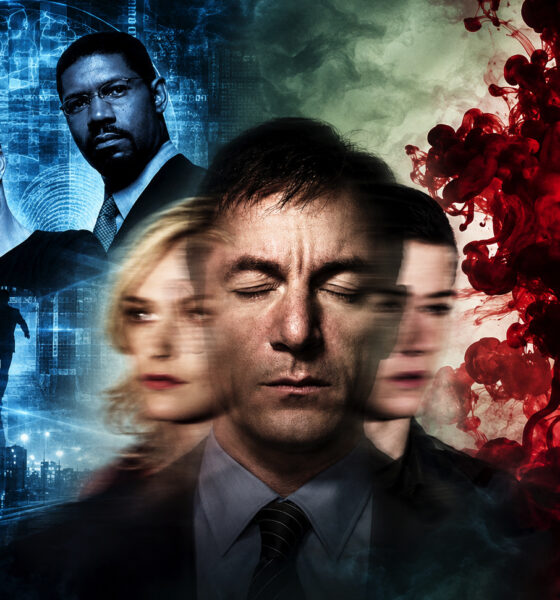 Collage of characters in blue and red tones surrounding a central man with eyes closed, hinting at parallel worlds.