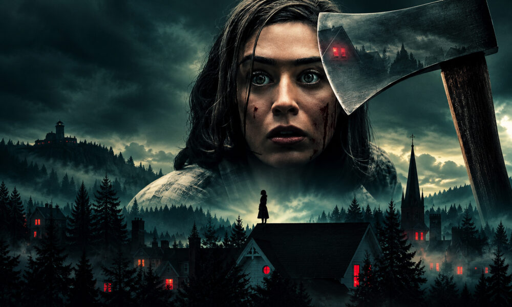 Horror poster: a giant woman’s face with blood on her cheek, an axe looming overhead, and a lone girl on a rooftop in a foggy forest town.