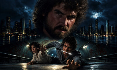 Two men crawl through an underground tunnel toward the viewer; one brandishes a knife in his teeth as a city skyline glows in the night behind them.