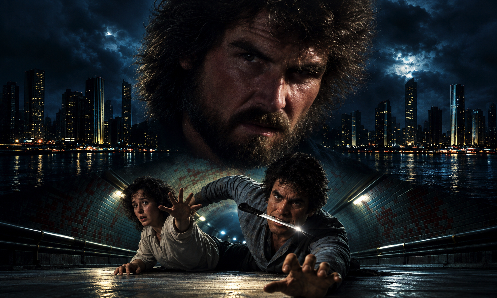 Two men crawl through an underground tunnel toward the viewer; one brandishes a knife in his teeth as a city skyline glows in the night behind them.