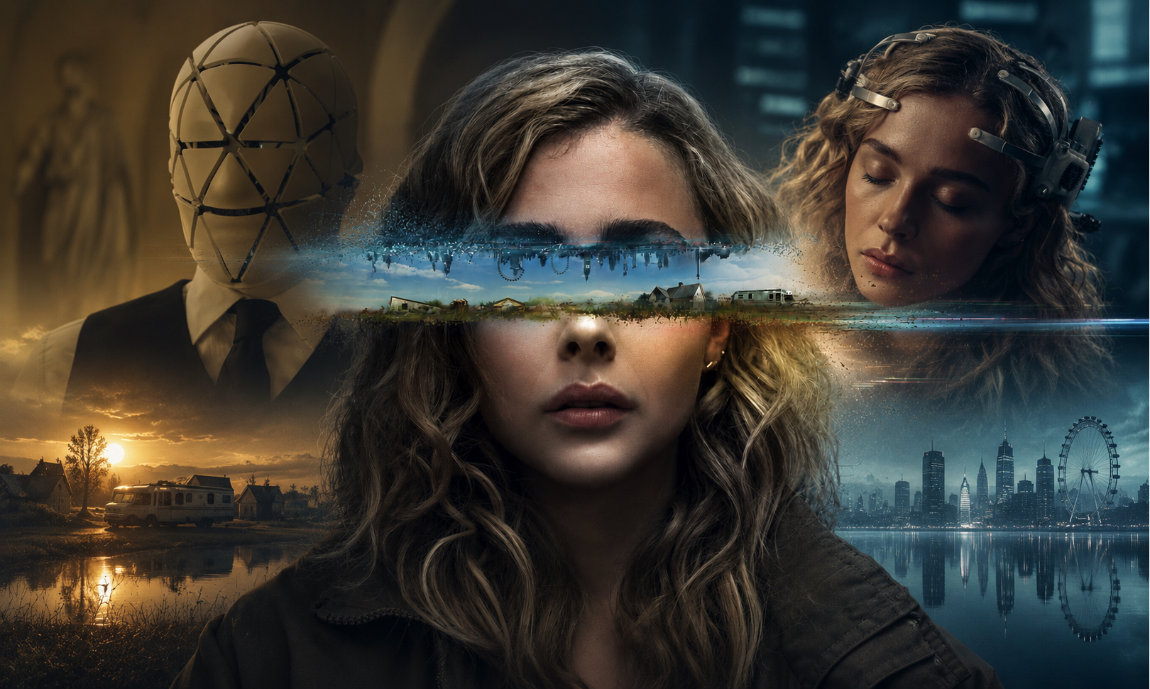 Surreal collage of a woman's face with a landscape strip across her eyes, flanked by a masked figure on the left and a woman wearing headgear on the right, with urban and rural scenes in the background.