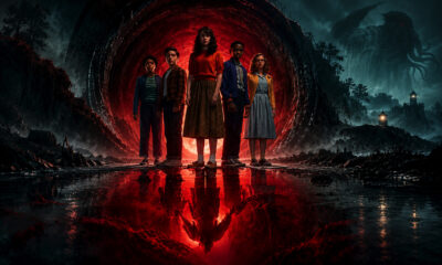 Five kids stand together on a wet ground before a glowing red portal, with a colossal monster looming in a dark, stormy landscape behind them at night.