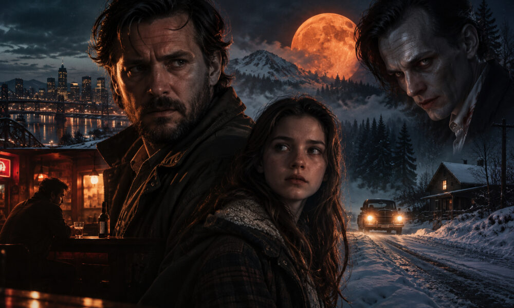 Dramatic movie poster: three leads dominate the foreground against a snowy, moonlit landscape with a car approaching on a snowbound road and a cabin nearby.