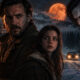 Dramatic movie poster: three leads dominate the foreground against a snowy, moonlit landscape with a car approaching on a snowbound road and a cabin nearby.