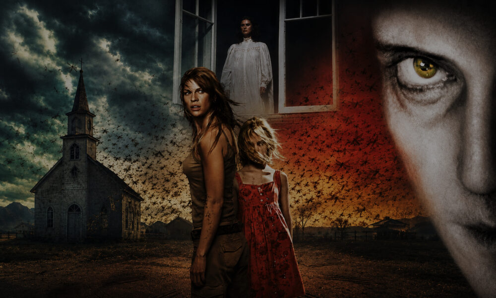 Surreal poster: three women stand back-to-back in a desolate landscape with a church on the left and a giant close-up eye on the right.