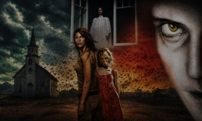 Surreal poster: three women stand back-to-back in a desolate landscape with a church on the left and a giant close-up eye on the right.