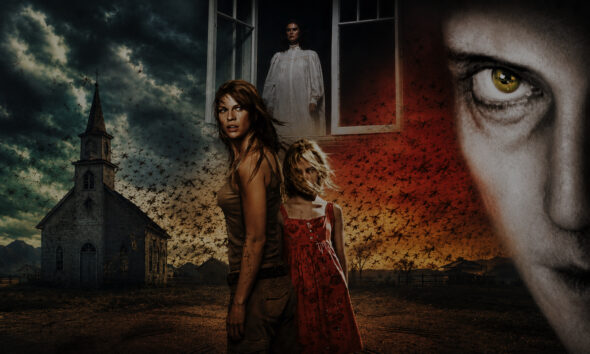 Surreal poster: three women stand back-to-back in a desolate landscape with a church on the left and a giant close-up eye on the right.