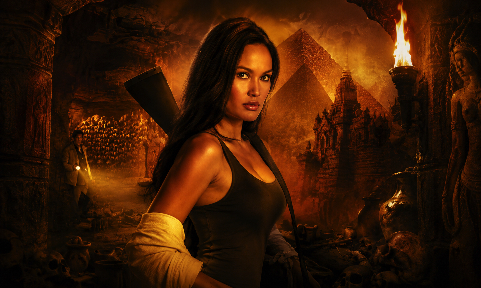 Heroine in a dark tank top stands in a lava-lit cavern with ancient statues, pyramids, and a torch-lit backdrop behind her.