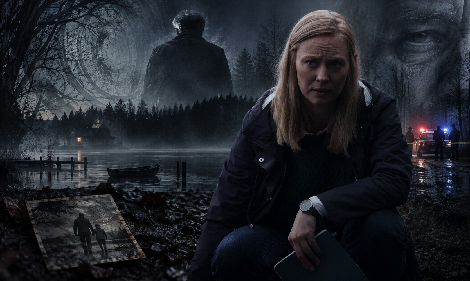 A woman crouches in the foreground at night, worried look, wearing a dark jacket and jeans, holding a notebook, with police cars and flashing lights in the misty background.