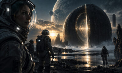 Astronauts in suits stand on a rocky shore facing a colossal glowing ring portal at sunset/sunrise.