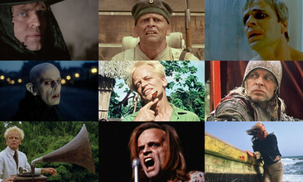 Collage of nine dramatic scenes: top row shows a hooded figure, a nervous soldier with a rifle, and a distressed man in a shower.