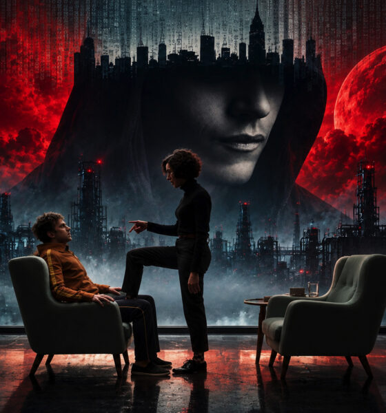 Two people in a living room: a seated man in orange tracksuit and a standing woman in black, as she gestures toward him, with a red dystopian cityscape and a giant hooded woman’s face in the background outside the window.