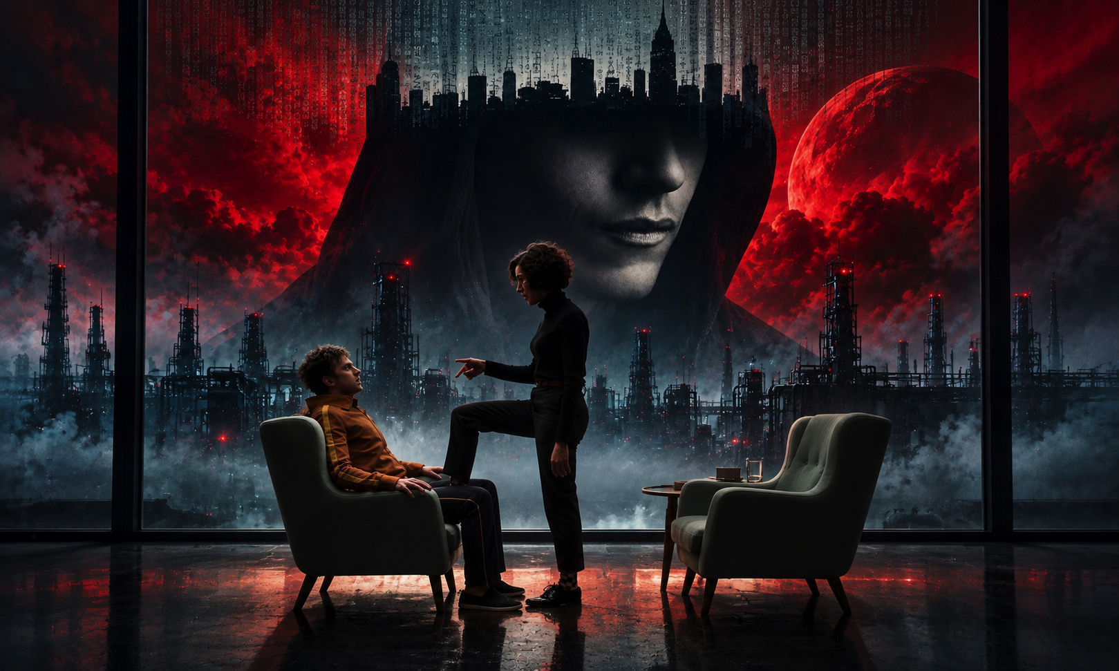 Two people in a living room: a seated man in orange tracksuit and a standing woman in black, as she gestures toward him, with a red dystopian cityscape and a giant hooded woman’s face in the background outside the window.