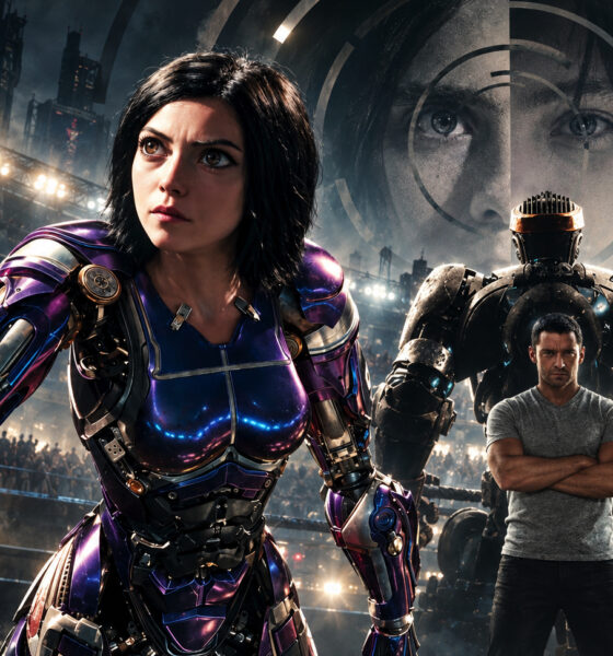 Female sci‑fi warrior in purple armor wields a sword in a crowded arena, with a giant mech and a man in a gray shirt nearby.