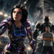 Female sci‑fi warrior in purple armor wields a sword in a crowded arena, with a giant mech and a man in a gray shirt nearby.