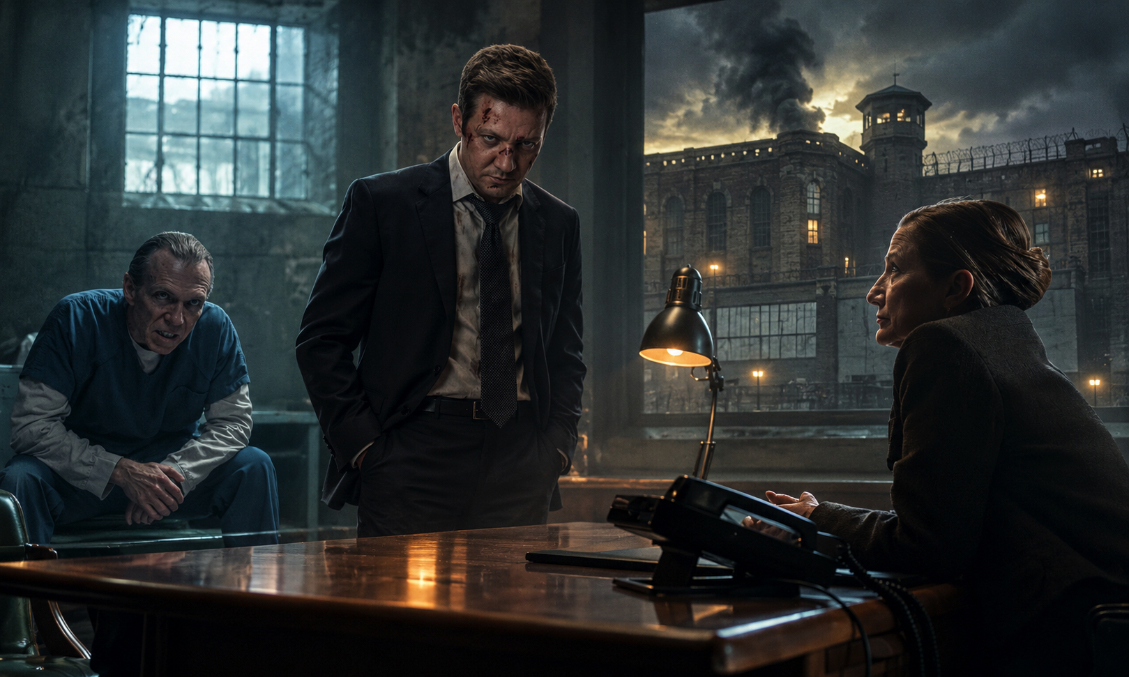 Tense interrogation scene: a suited man stands in the center, a man in blue scrubs crouches on the left, and a woman sits at a desk with a phone on the right, industrial exterior visible through windows behind them.