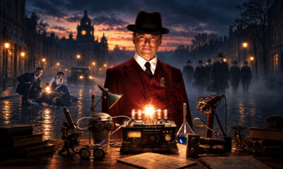 A man in a burgundy suit and fedora stands behind a steampunk workbench with lamps and gadgets on a cobblestone street at dusk, fog in the background.