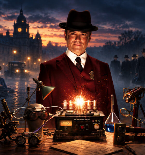 A man in a burgundy suit and fedora stands behind a steampunk workbench with lamps and gadgets on a cobblestone street at dusk, fog in the background.