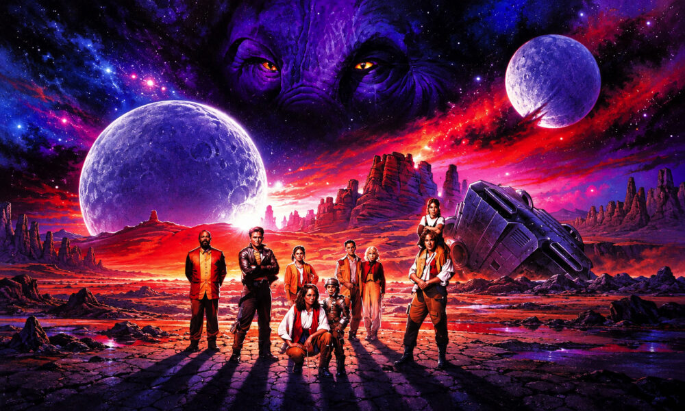 Group of diverse space explorers in orange uniforms on a cracked red planet, with a wrecked spacecraft and two moons in a vibrant, starry sky.