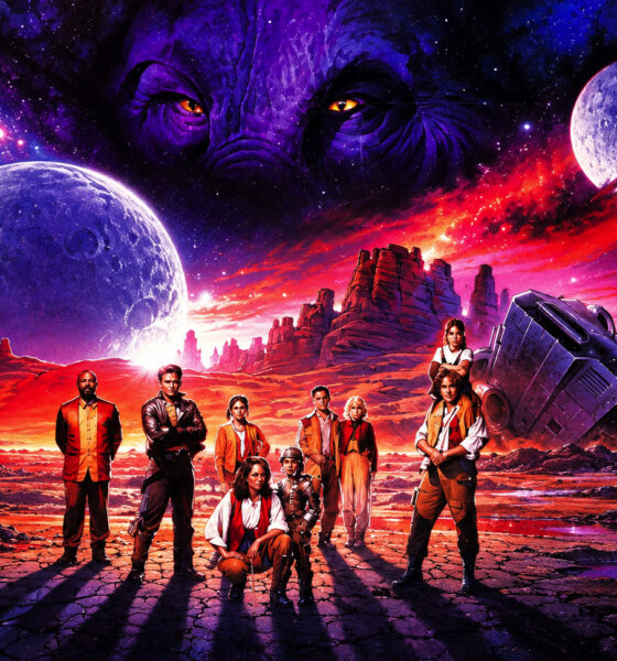 Group of diverse space explorers in orange uniforms on a cracked red planet, with a wrecked spacecraft and two moons in a vibrant, starry sky.