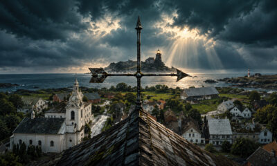 Stormy coastal town scene with a rusted iron cross on the church roof in the foreground and a rocky island lighthouse in the distance under dramatic clouds.