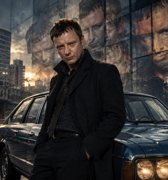 Man in a dark overcoat leaning on a blue vintage car in a rain-soaked urban setting, with a wall of large face portraits in the background at sunset.