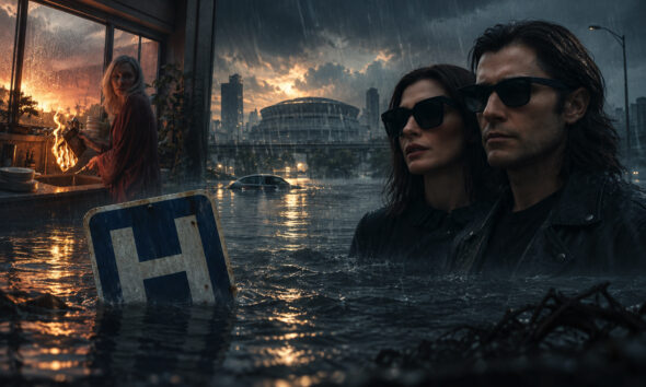 Two people in sunglasses stand in floodwater as a burning stove lights a floating kitchen and a flooded city skyline is behind them.