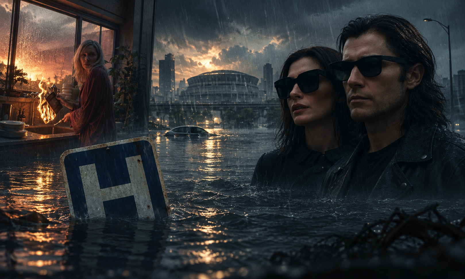 Two people in sunglasses stand in floodwater as a burning stove lights a floating kitchen and a flooded city skyline is behind them.