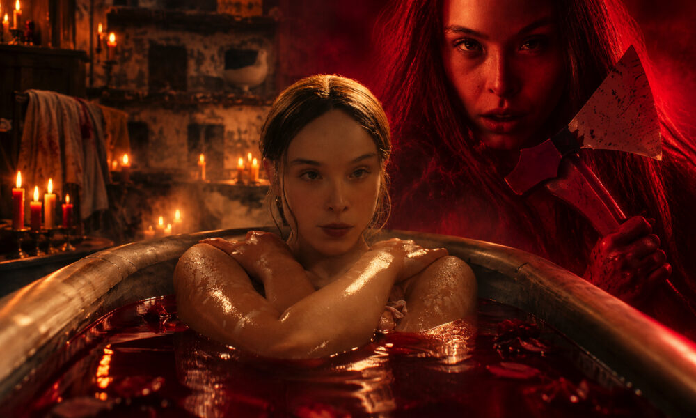 Woman soaking in a blood-red bath, arms crossed on the rim, while a second woman with a blood-splattered axe looms behind her in the shadows.