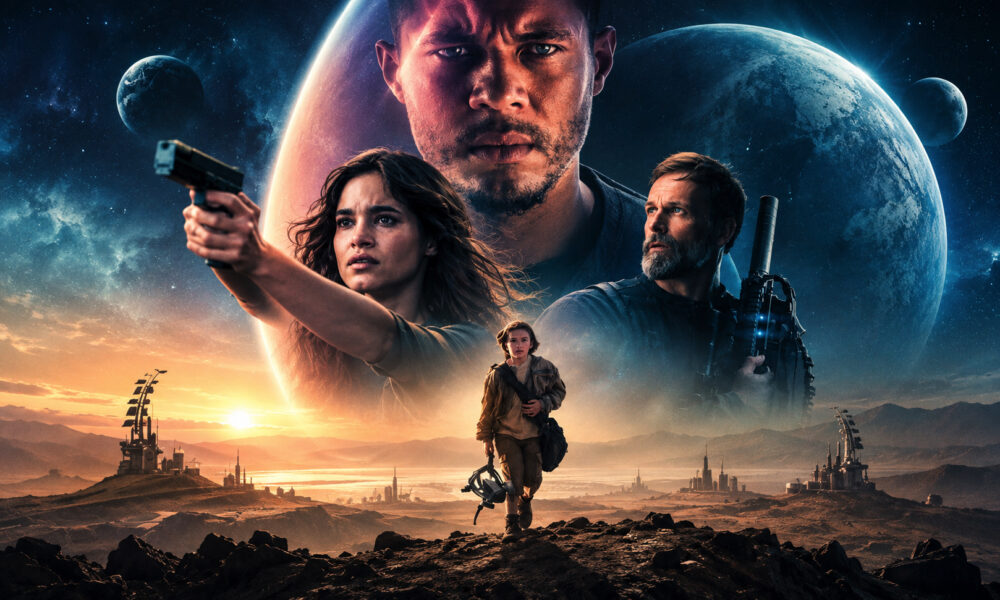 Poster for a sci‑fi adventure: a determined young woman points a pistol forward while a bearded man with a rifle stands behind, a child with a bag walks toward a rocky desert with futuristic structures in the distance; giant planets dominate the starry sky.
