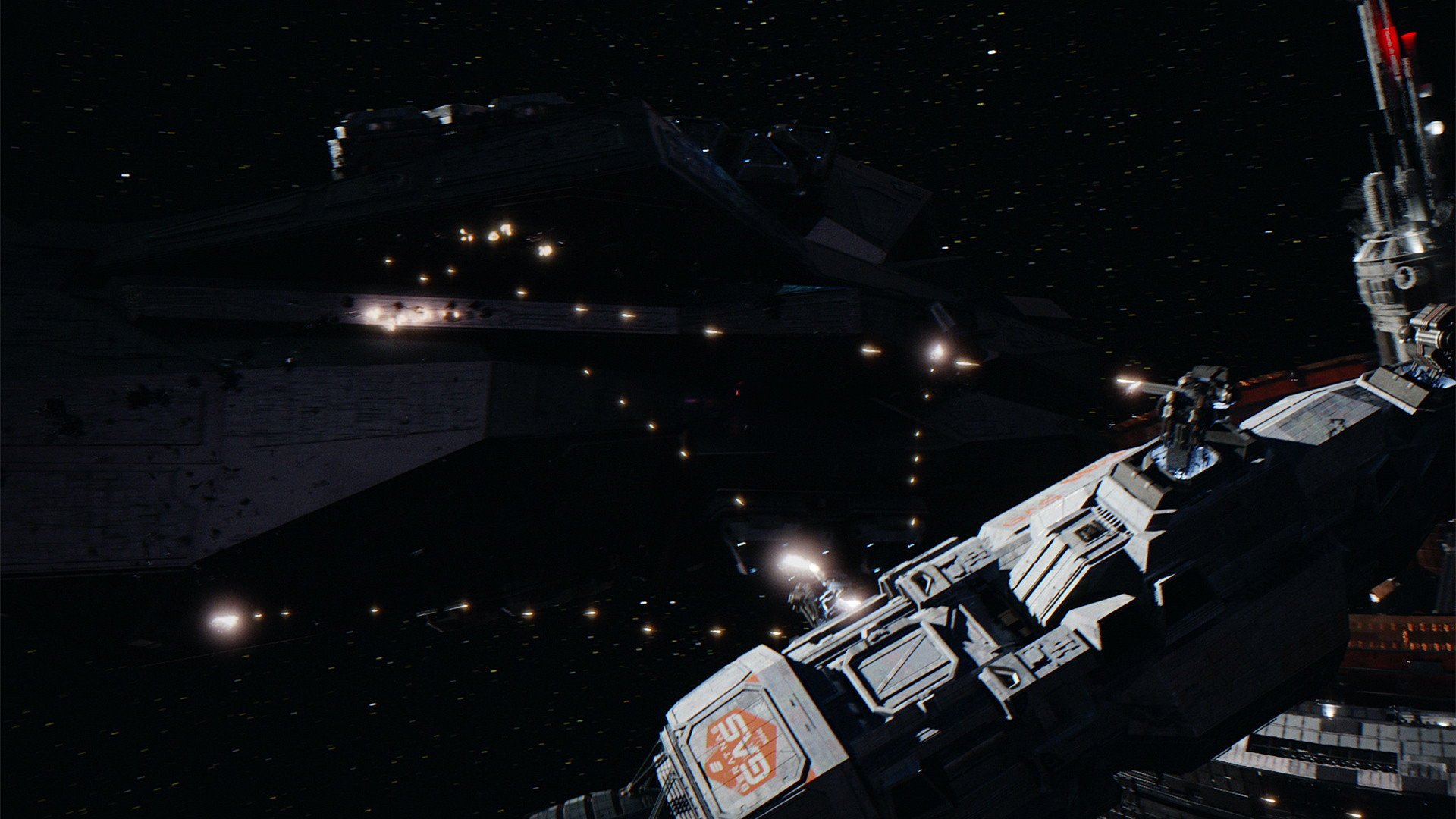 Kadr z serialu The Expanse: duże szare statki kosmiczne z oświetleniem dryfują w czarnej przestrzeni kosmicznej.